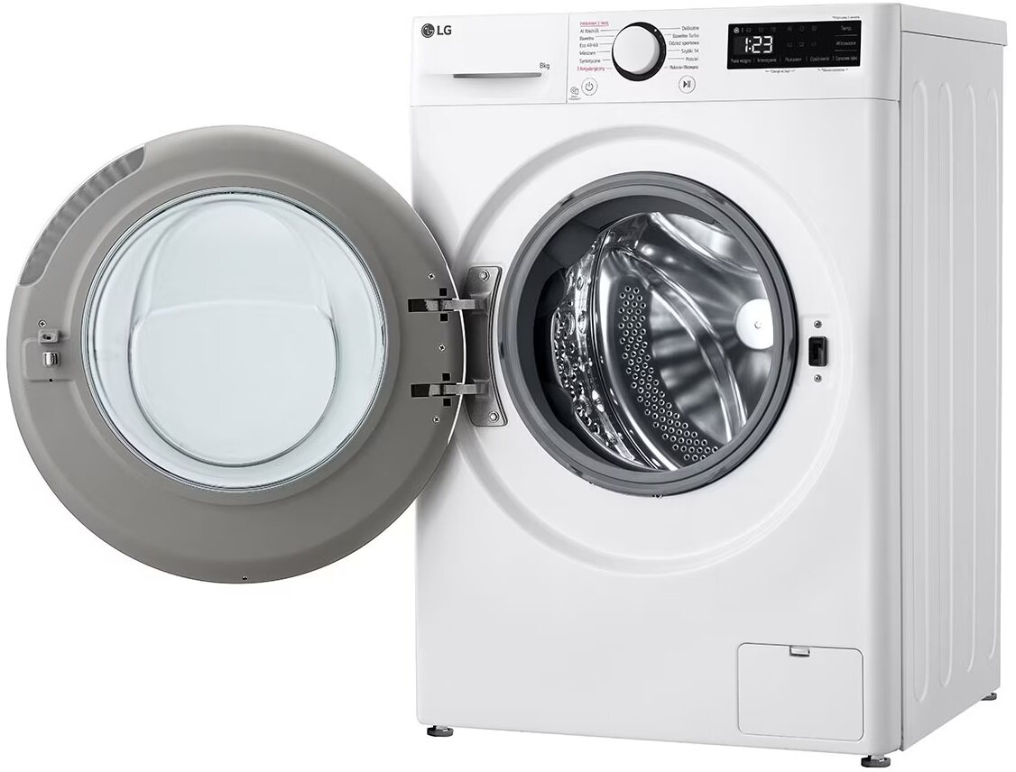 Biała pralka LG z otwartymi drzwiami, pokazująca bęben wewnętrzny.