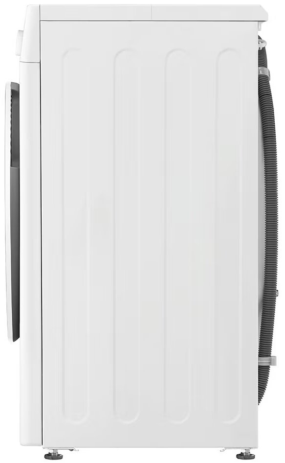 Widok z boku białej pralki, pokazujący panel boczny z pionowymi liniami.