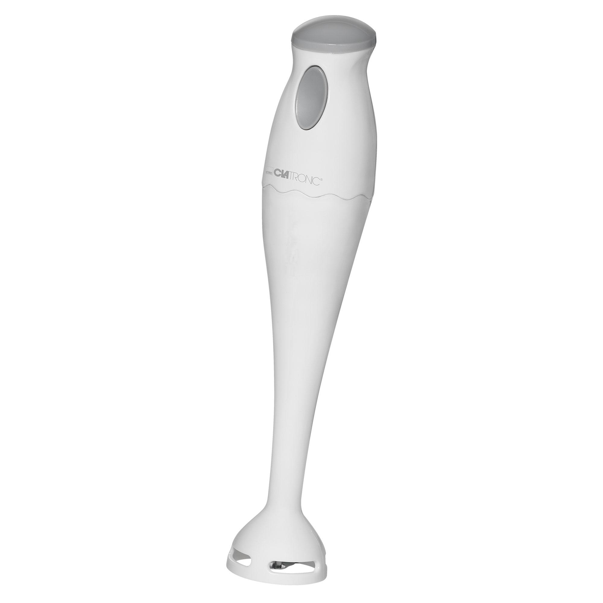Weißer Stabmixer mit grauem Knopf und Details. Isoliert auf weißem Hintergrund.