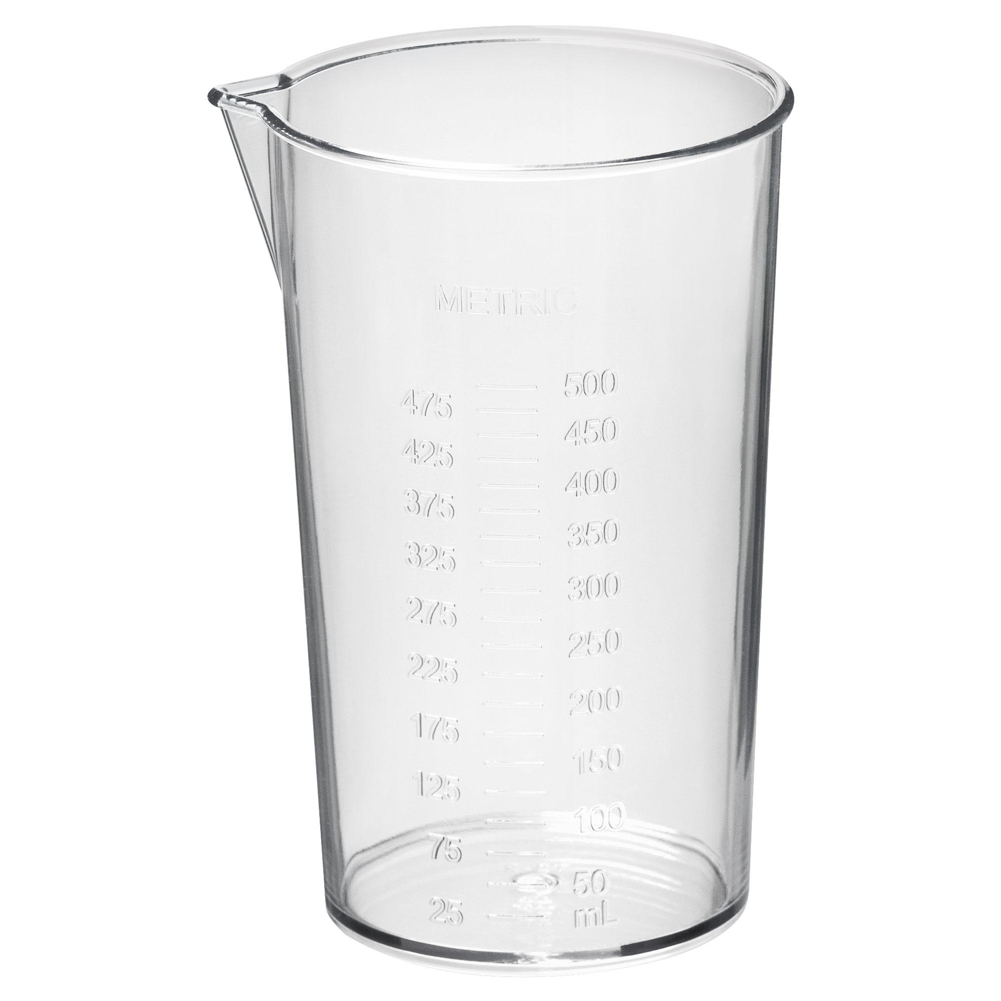 Transparenter Messbecher mit metrischen Markierungen von 50 bis 500 ml. Mit Ausguss.