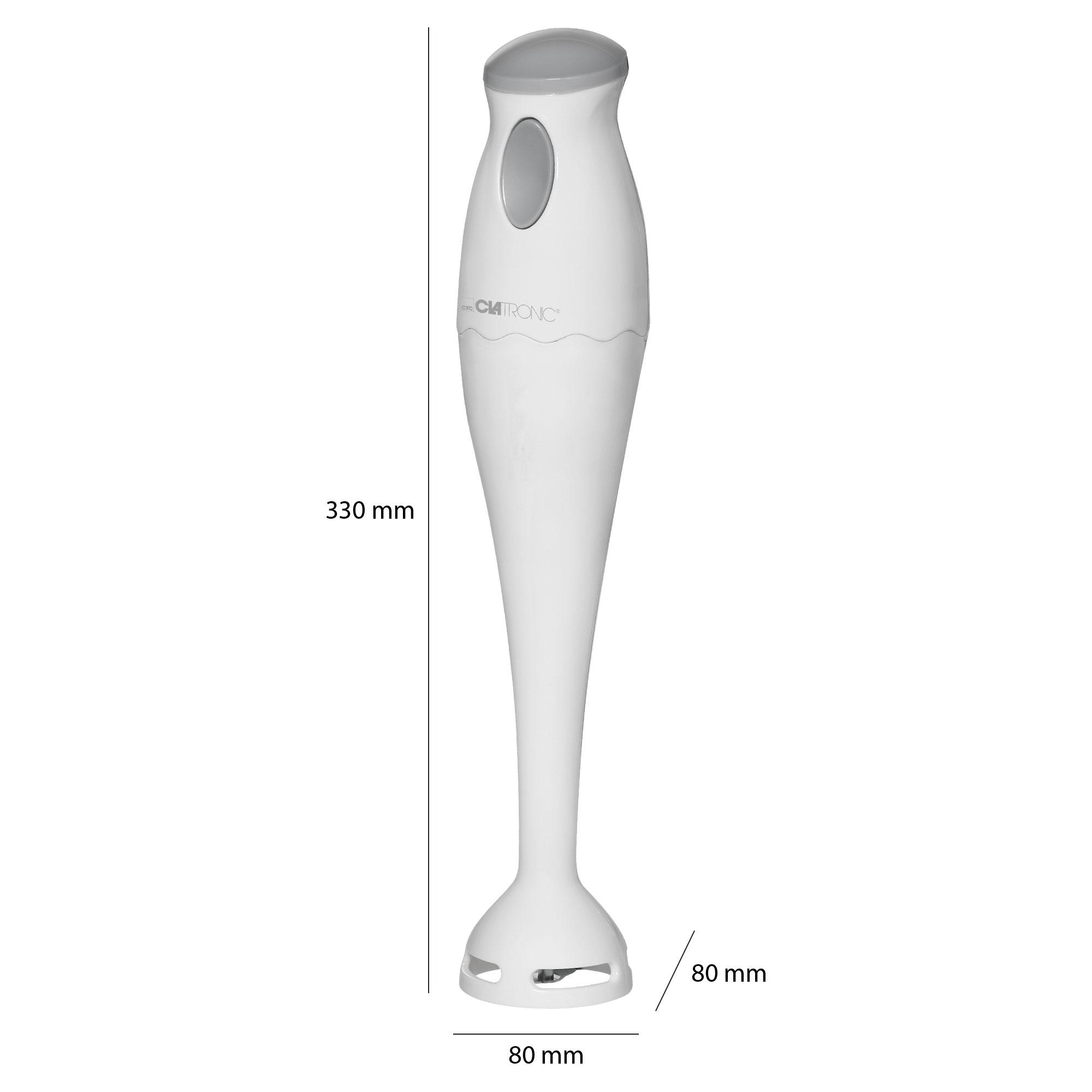 Ein weißer Stabmixer mit den Maßen: 330 mm hoch, 80 mm breit.