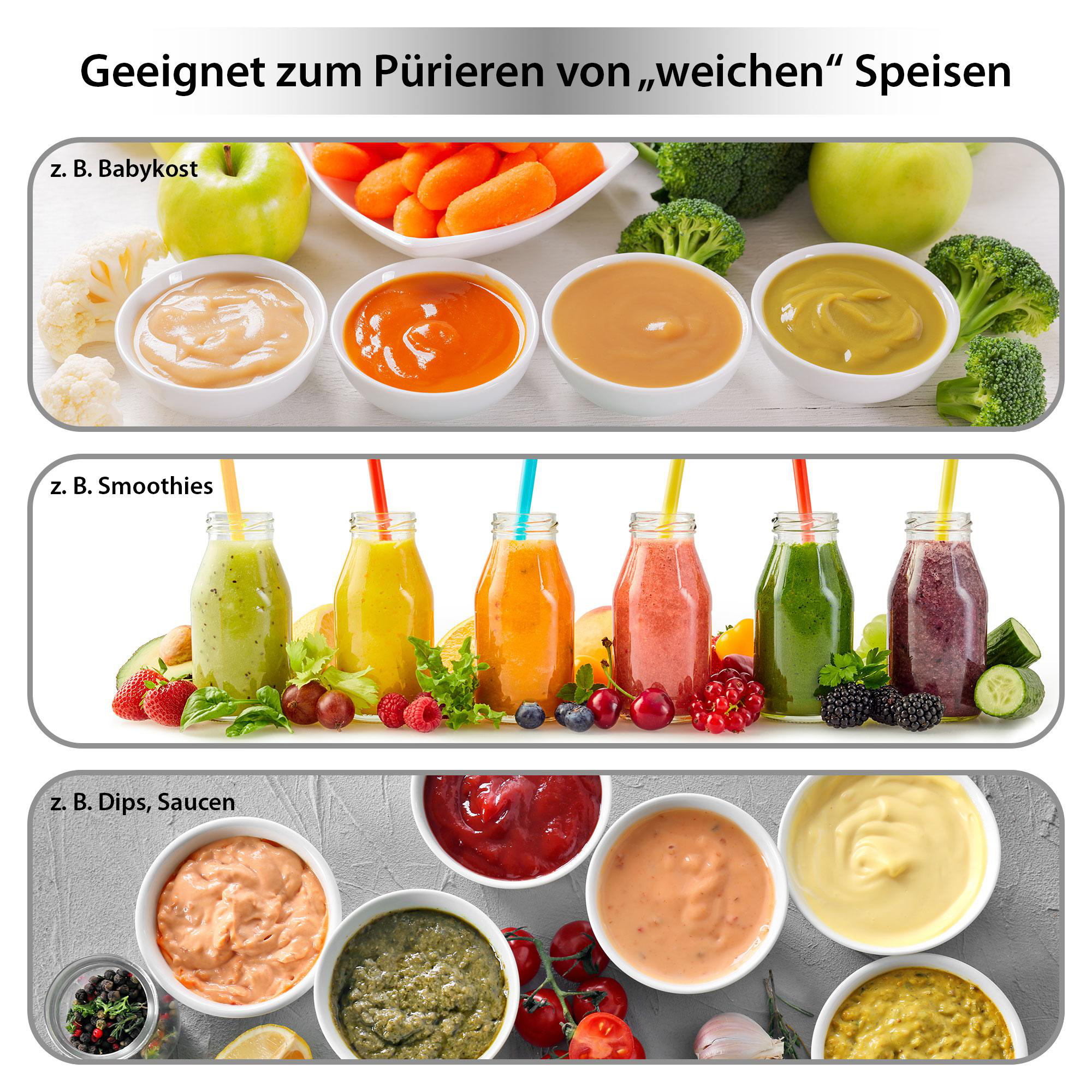 Drei Reihen von Lebensmittelbildern: Babynahrung, Smoothies und Dips, Saucen, zur Zubereitung.