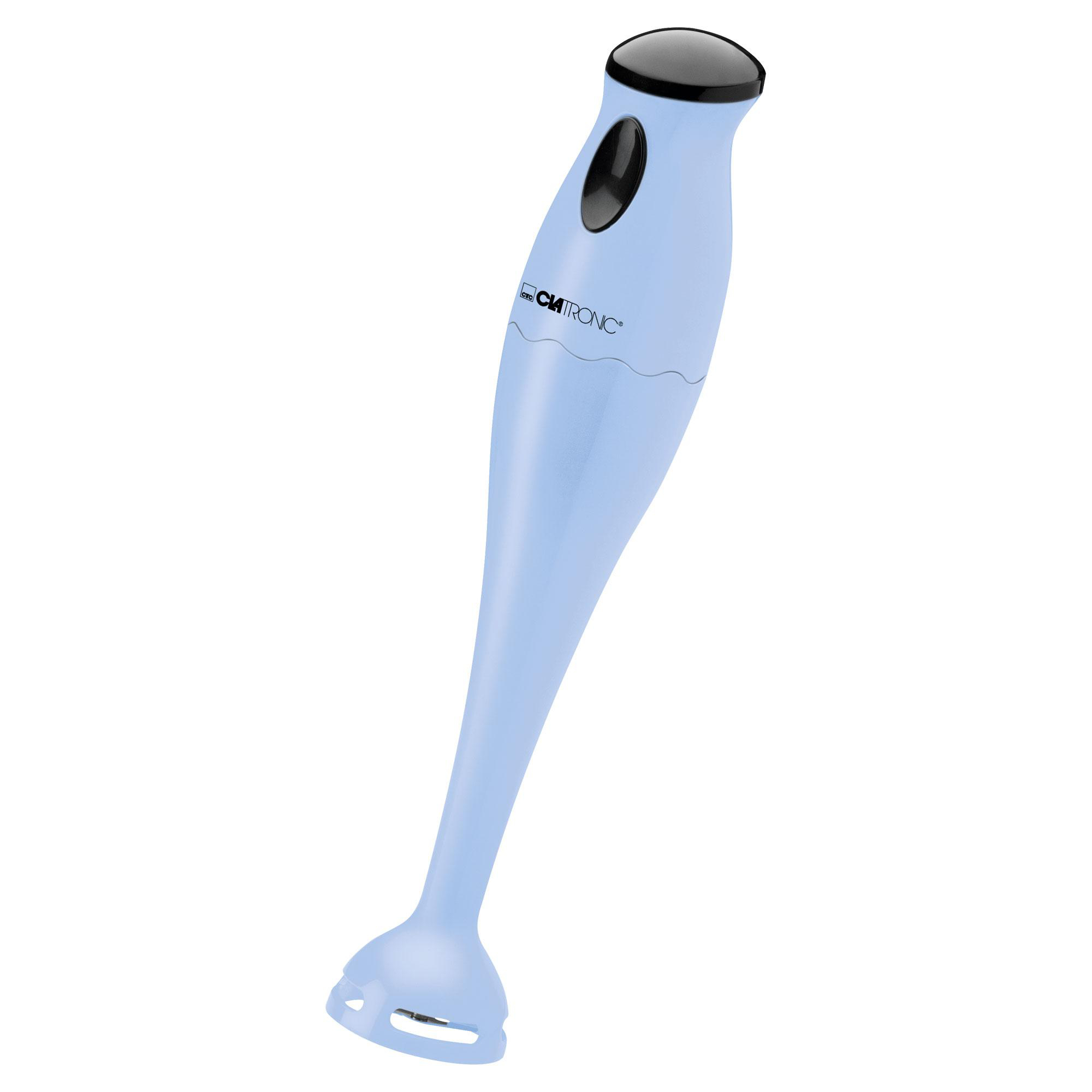 Ein hellblauer Stabmixer mit schwarzem Knopf.