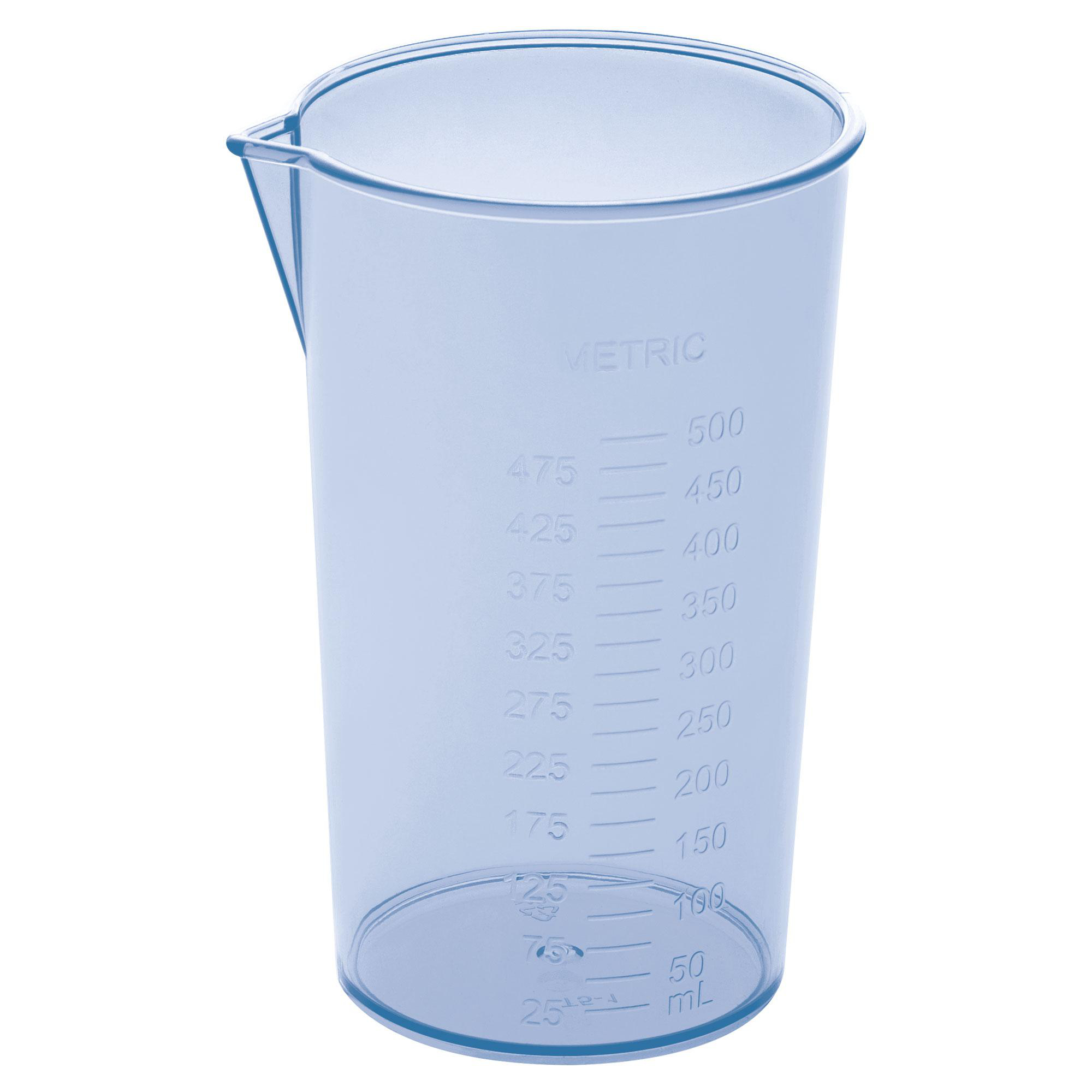Transparenter, blauer Messzylinder mit metrischen Markierungen und breitem Ausguss.