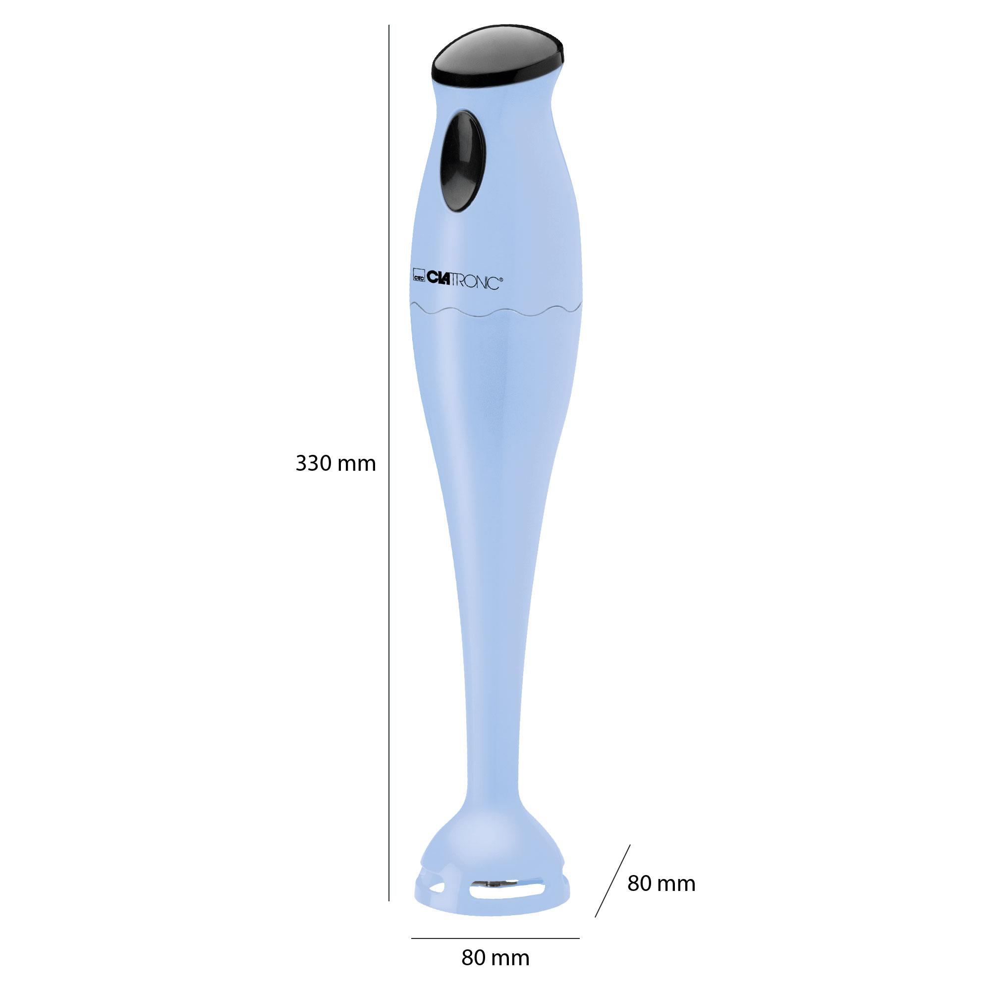 Ein hellblauer Stabmixer. Er ist 330 mm hoch und unten 80 mm breit.