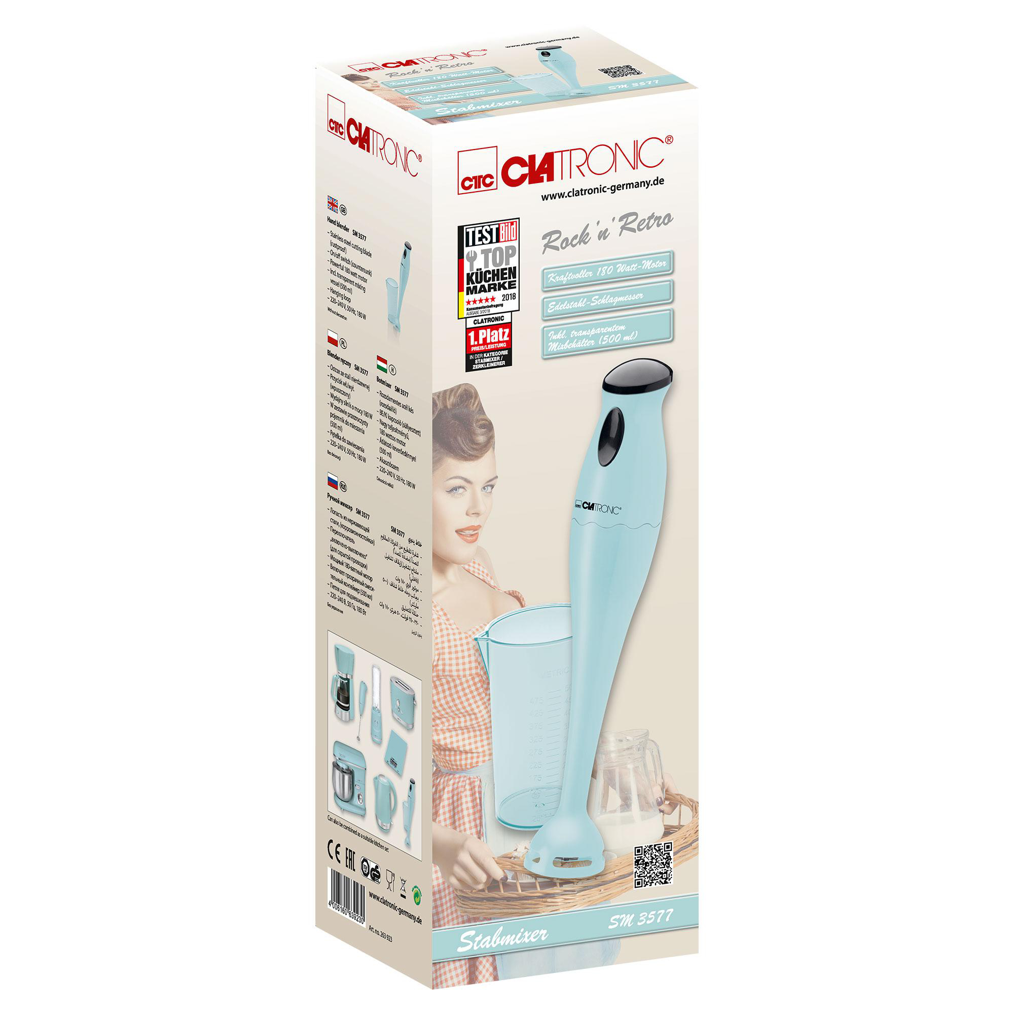 Box mit Retro-Design für einen Stabmixer. Auf der Vorderseite ist eine Frau zu sehen.