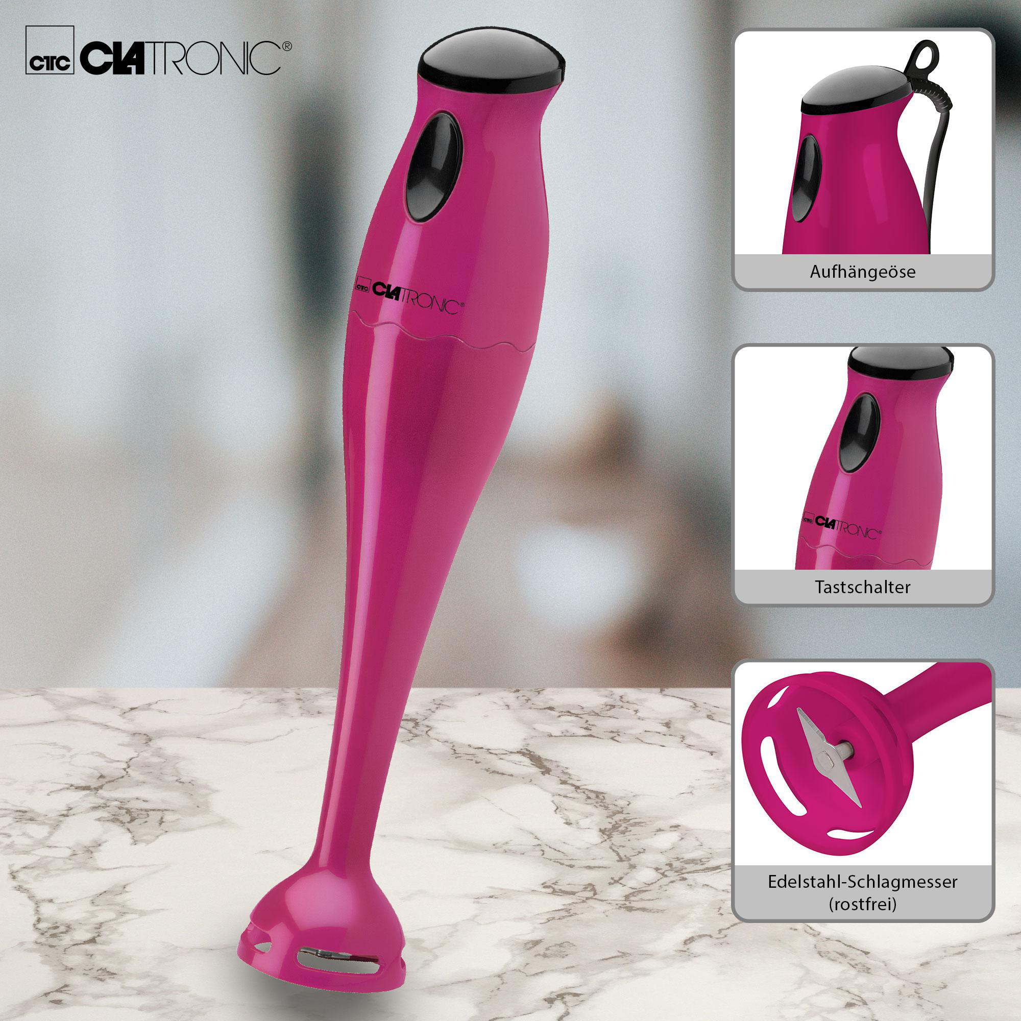 Ein rosa Handmixer mit Nahaufnahmen seiner Teile auf marmorartigem Hintergrund.