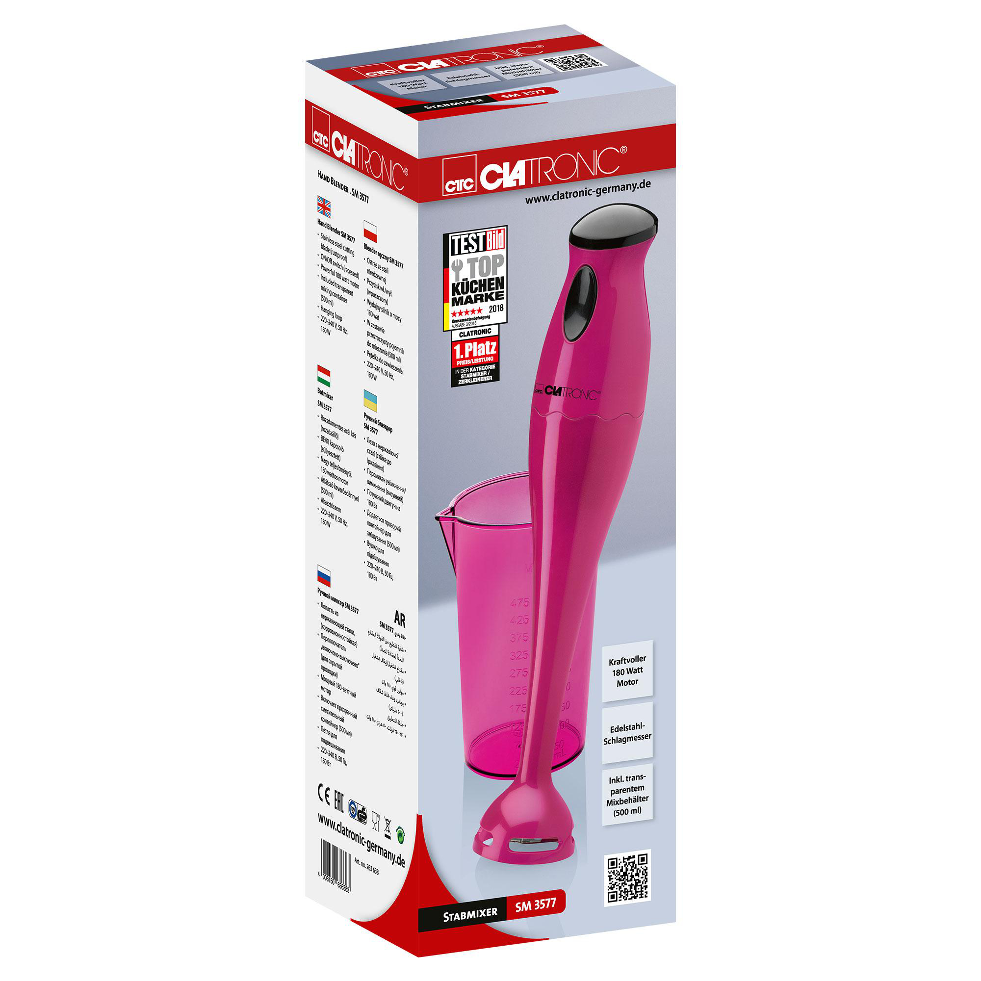 Verpackter rosa Stabmixer mit Messbecher. Markenname und Produktdetails sind auf der Box angezeigt.