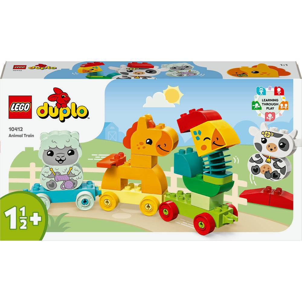 Lego Duplo-Box mit buntem Tierzug-Set. Enthält ein Schaf, ein Pferd und eine Kuh.