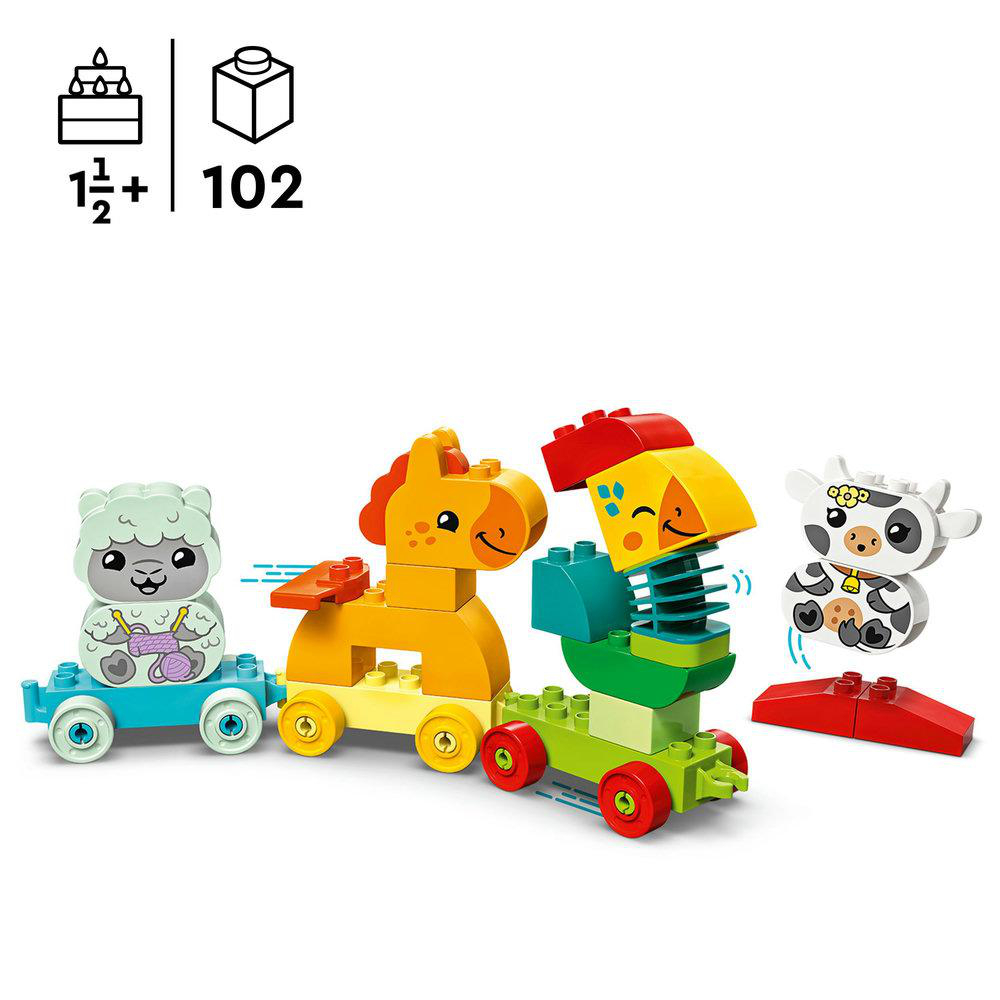 Duplo Lego-Zugset. Enthält ein Schaf, ein Pferd und eine vogelartige Struktur mit bunten Blöcken.