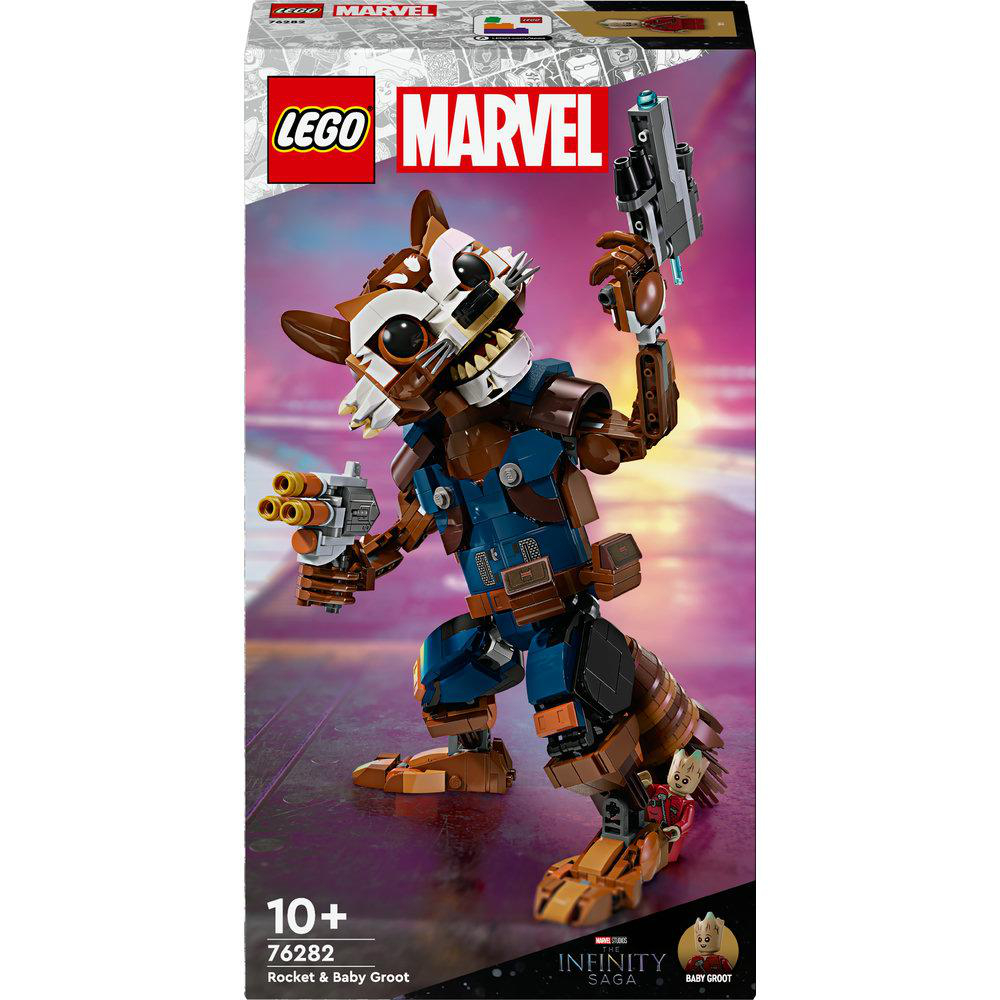 Lego Marvel Rocket & Baby Groot Set-Box. Rocket hält Waffen. Baby Groot ist an seinen Füßen.