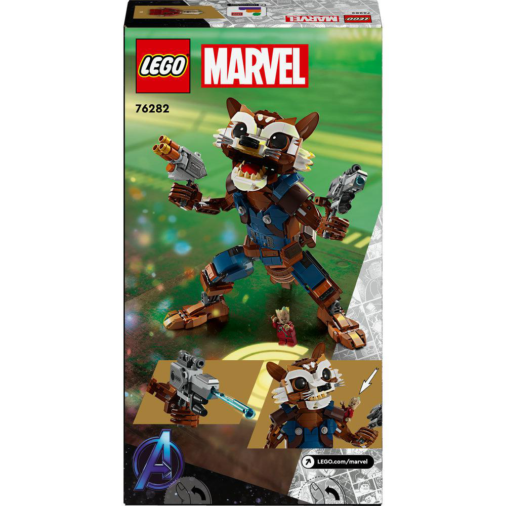 Lego Marvel Rocket Raccoon Figur auf einer Box. Es hat zwei Waffen. Baby Groot ist ebenfalls vorhanden.