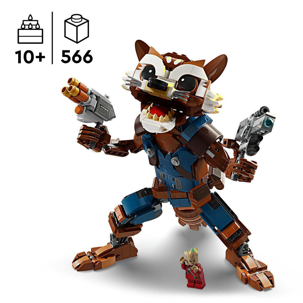 LEGO Rocket Raccoon Figur mit Waffen und einer kleinen Groot-Figur.
