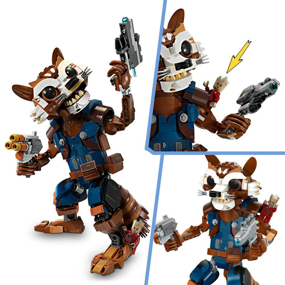 Lego Rocket Raccoon Figur mit Waffen. Drei verschiedene Ansichten der Figur mit Waffen.