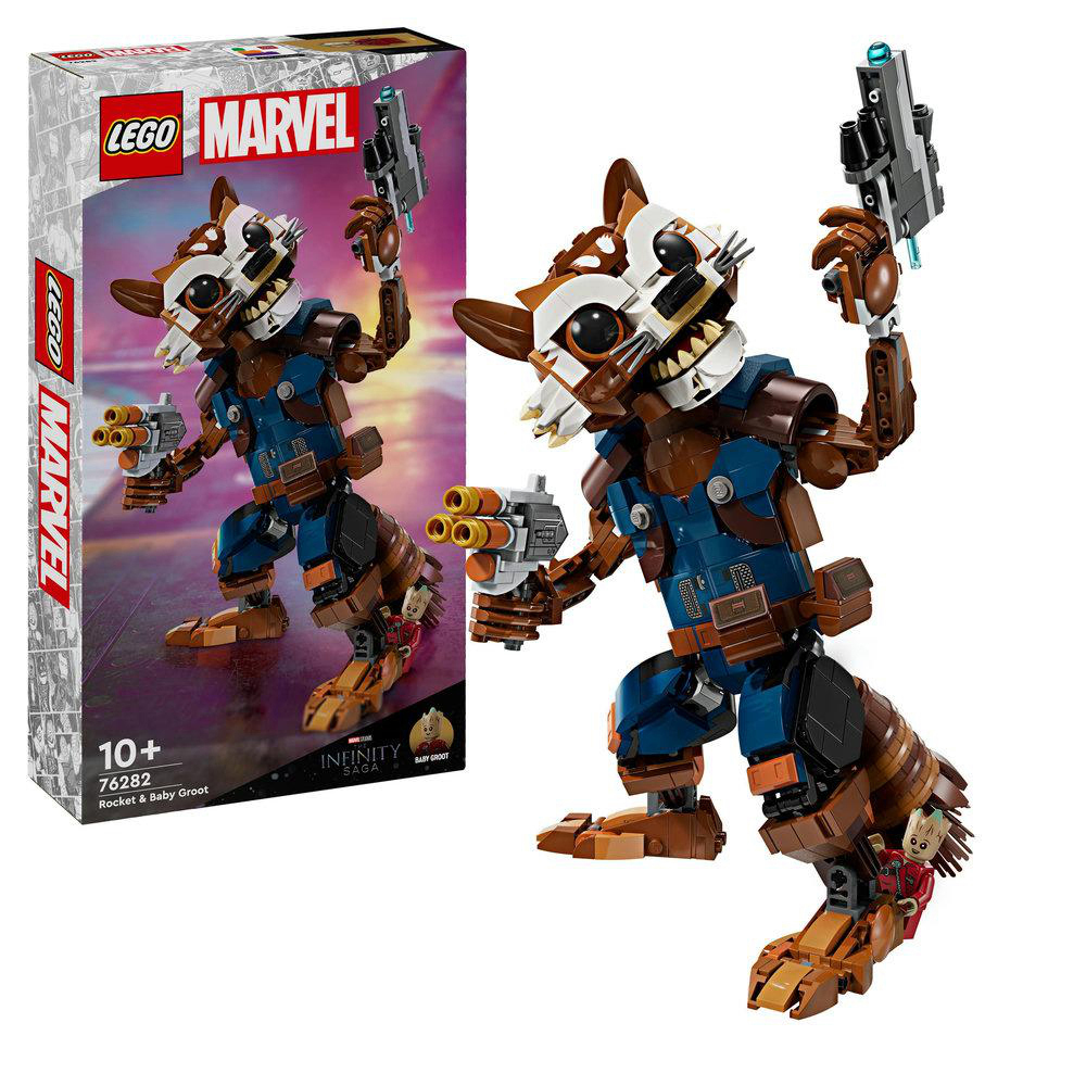 Lego-Set von Rocket und Baby Groot aus Marvel. Rocket hält Waffen. Baby Groot steht neben ihm.