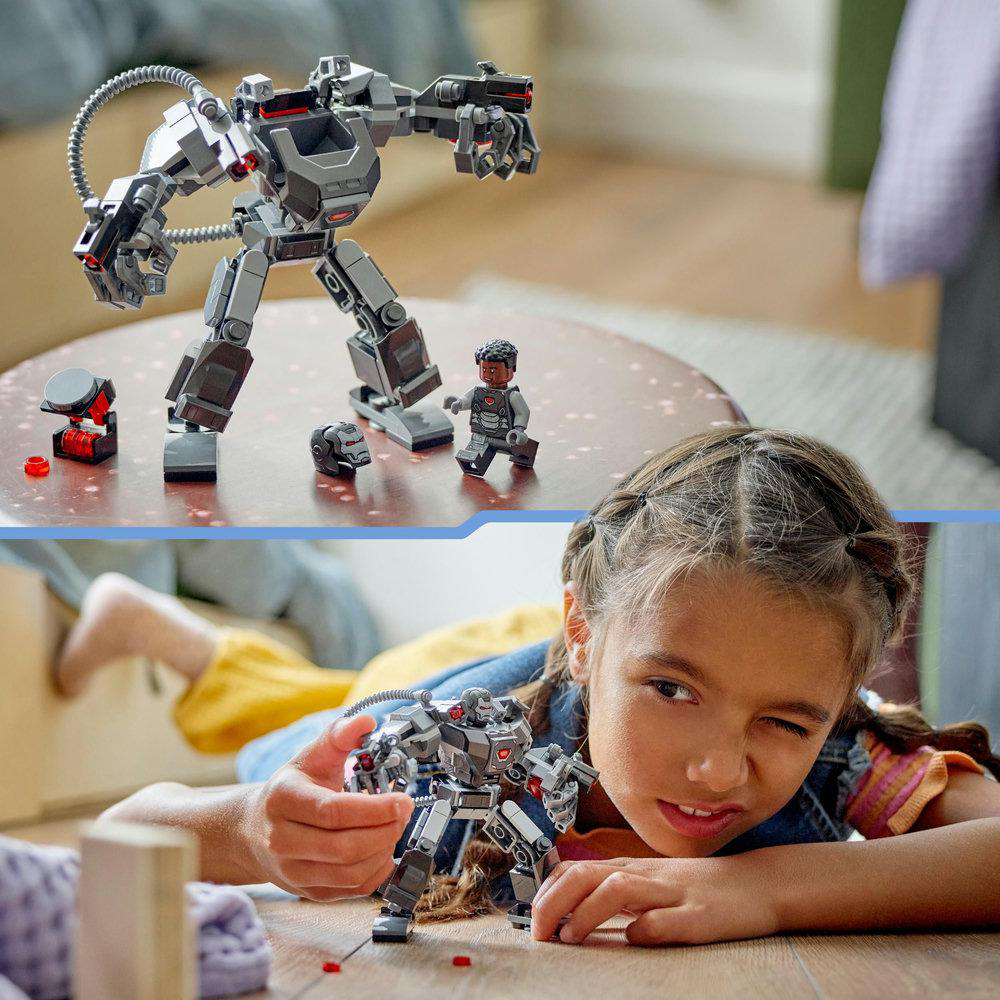 Ein LEGO Marvel-Modell mit Kind beim Bauen. Enthält Mech und Minifigur.