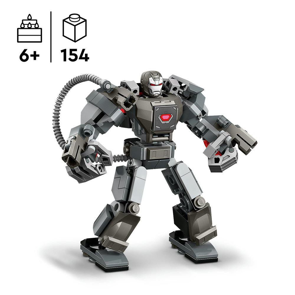 Lego-Roboter. Grau und schwarz mit roten Akzenten. Steht auf weißem Hintergrund.