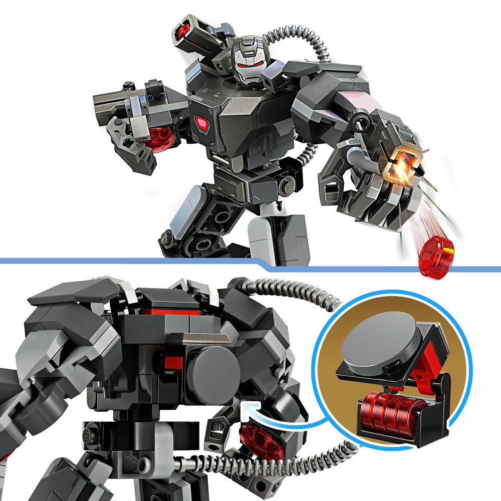 Eine Lego War Machine Figur in Aktion. Das Bild zeigt die Figur beim Feuern und eine Nahaufnahme ihrer Teile.
