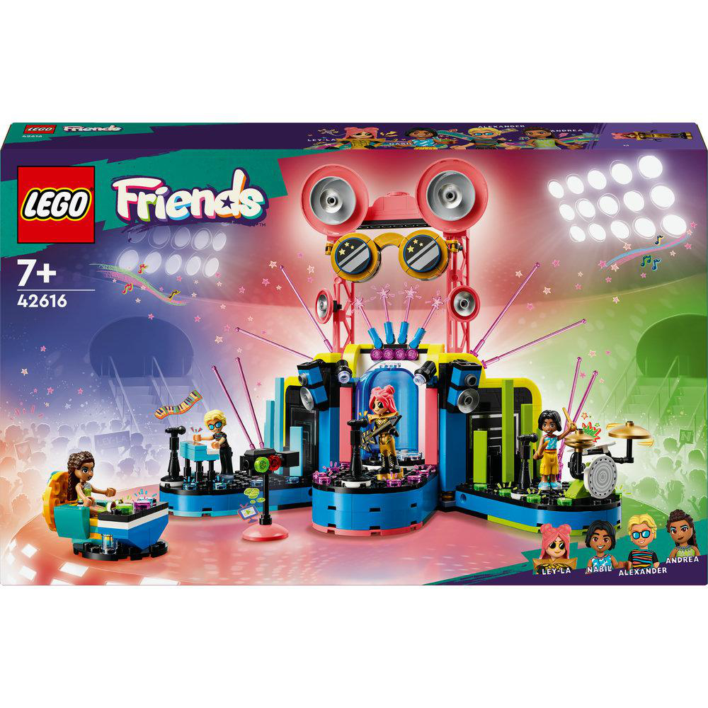 LEGO Friends Bühnen-Set. Bühne mit Darstellern, Lichtern und Publikum. Lebendige Farben.