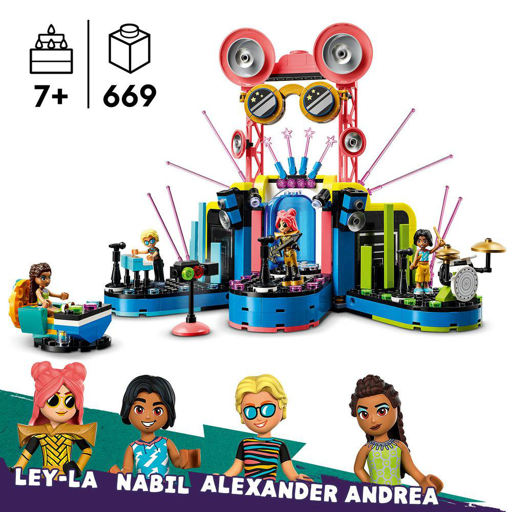 Lego-Set mit Bühne und Figuren. Die Bühne hat Lautsprecher. Figuren: Ley-La, Nabil, Alexander, Andrea.