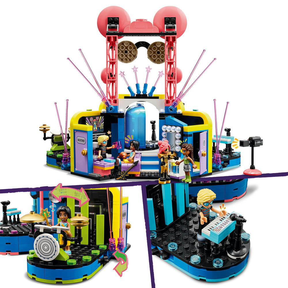 Lego Friends Bühnen-Set mit mehreren Figuren, einem Schlagzeug, einer Keyboard und Bühnenlichtern.