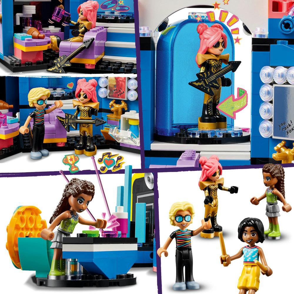 Ein Lego Friends Set, das eine Bühne mit mehreren Figuren zeigt, die Instrumente spielen.