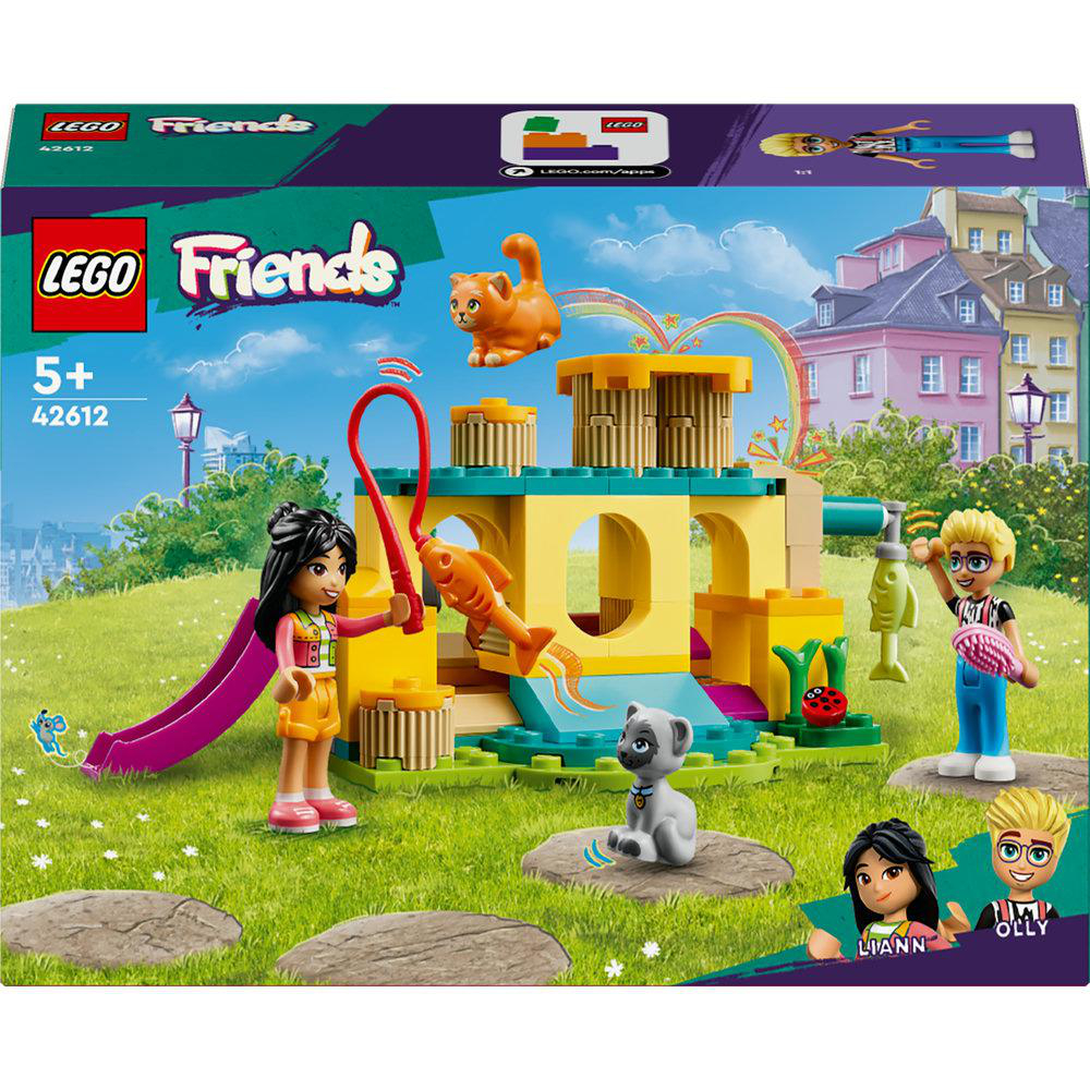 Ein Lego Friends Set mit einer Spielplatzszene, mit Figuren und einer Katze.