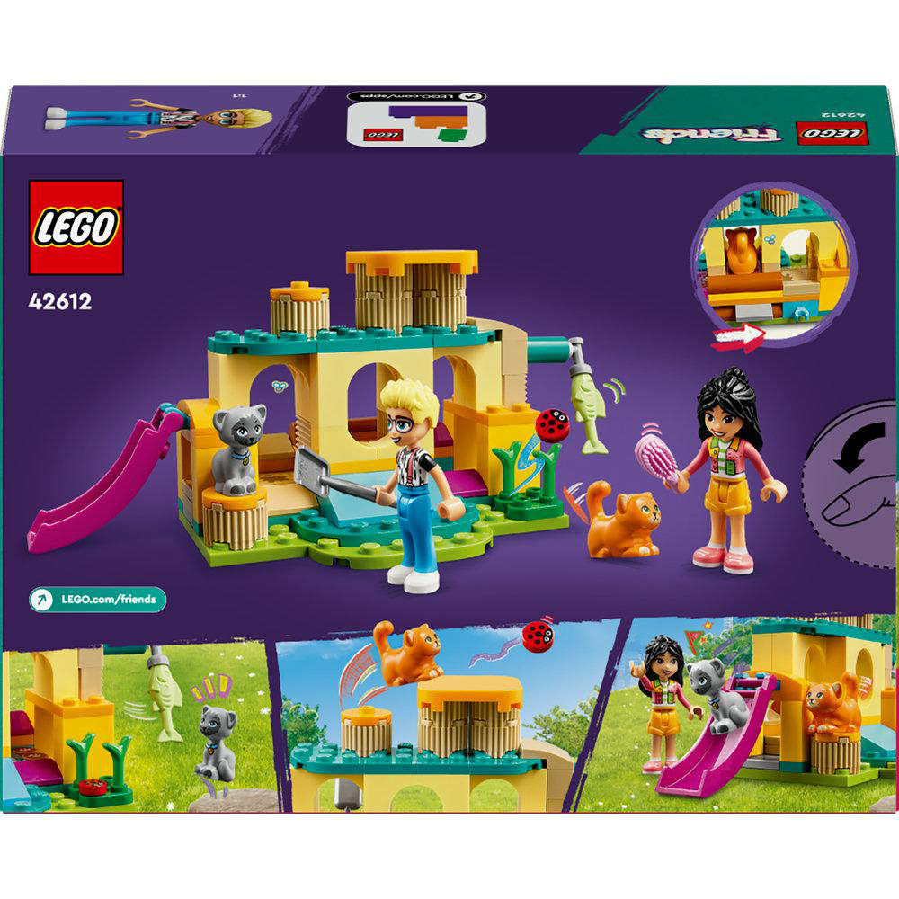 Ein Lego Friends-Set mit Figuren, einer Rutsche und einem Spielbereich für Tiere. Der Hintergrund ist lila.