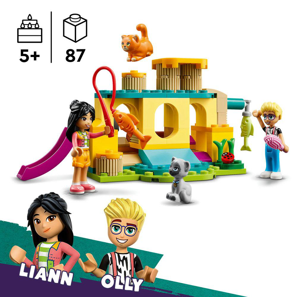 LEGO Friends Set mit Figuren, Rutsche, Katze, Hund und Teich.