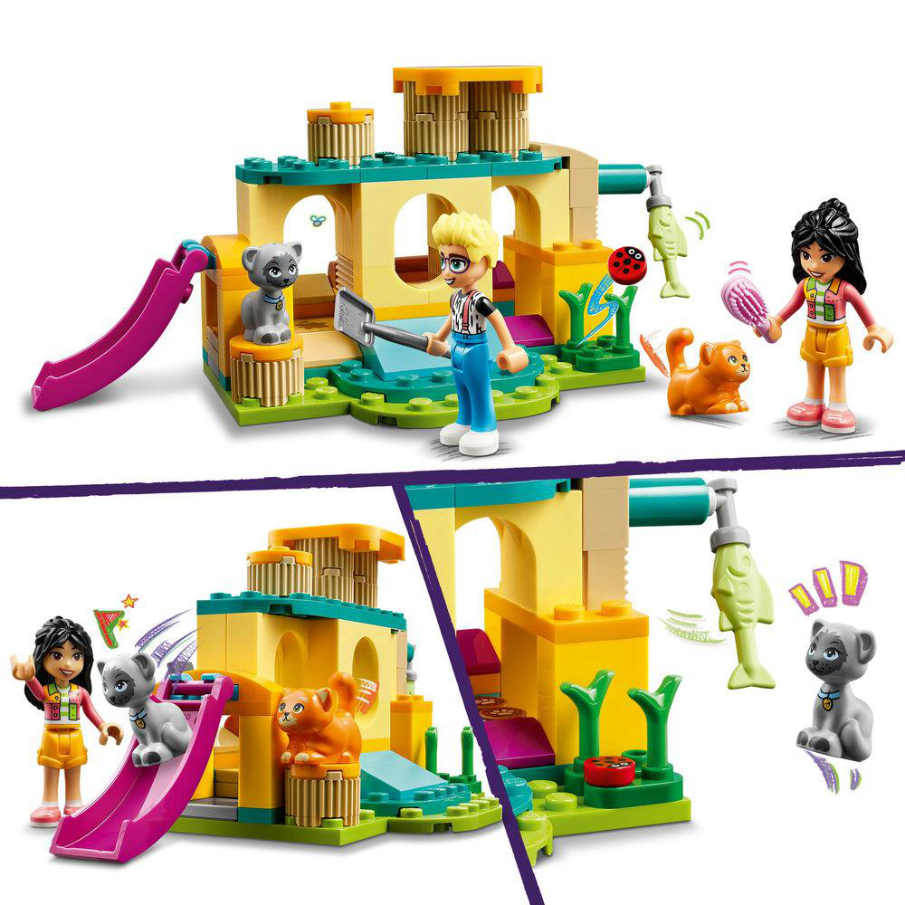 Ein Lego Friends Set mit Figuren und einem Spielplatz. Es hat Rutschen, eine Brücke und Tierfiguren.