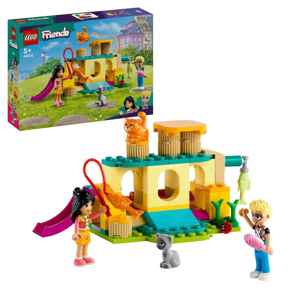 Ein Lego Friends-Set mit Spielplatz, Rutschen und Figuren. Eine Box befindet sich oben links mit dem Set-Bild.