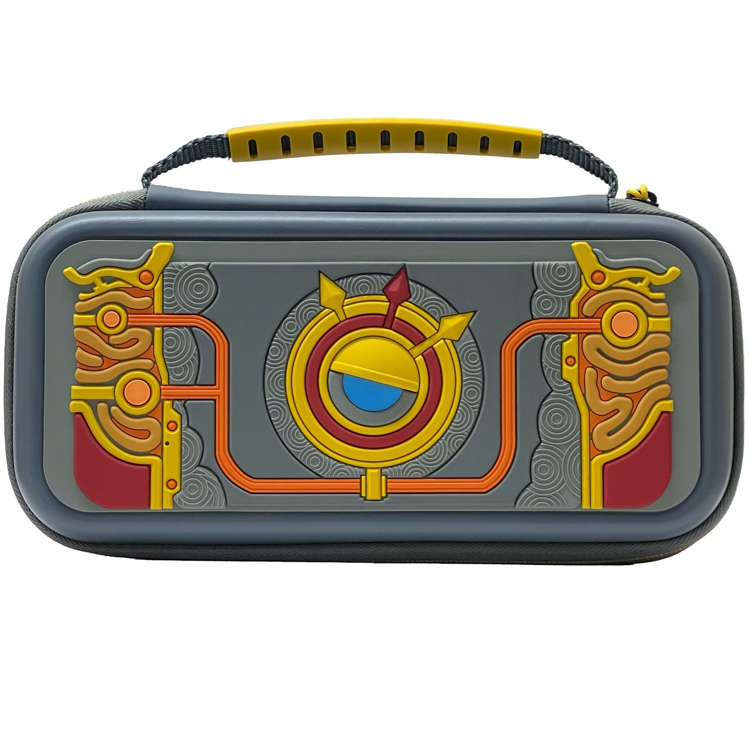 Grey Switch carrying case with stylized yellow and red design.