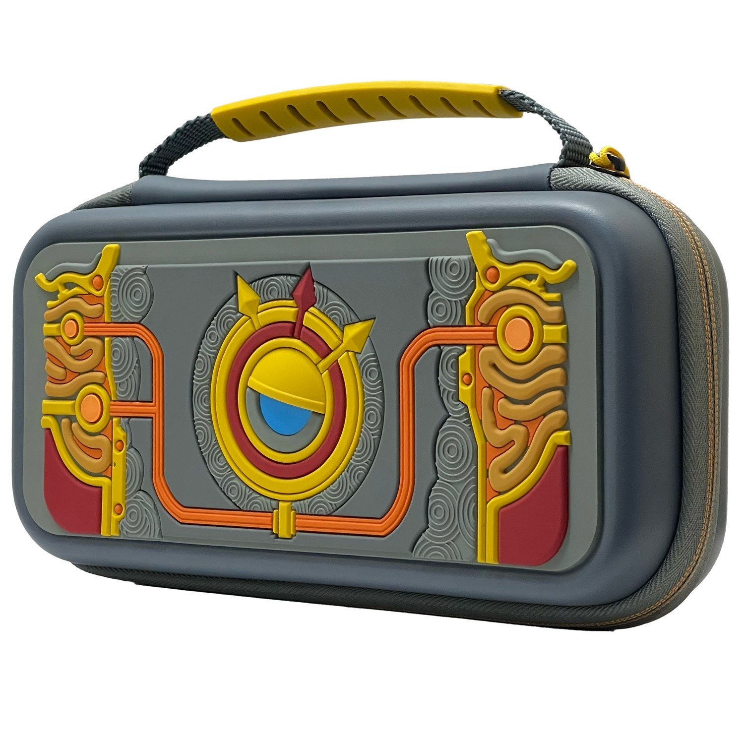 A gray Switch carrying case with a design and a yellow handle.