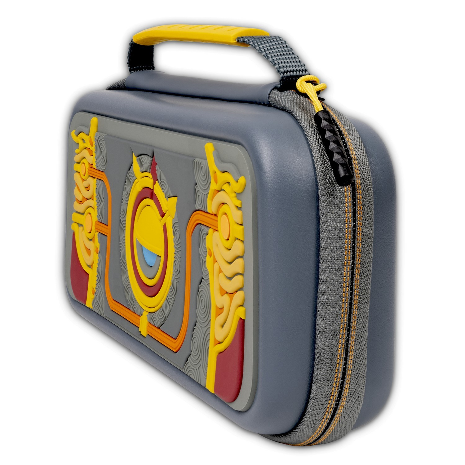 Gray lunchbox with a yellow handle, zipper, and decorative design on the front.