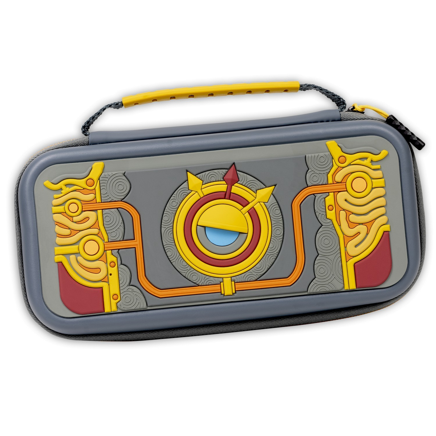 Grey Nintendo Switch case. Features a Zelda-themed design. Yellow handle.