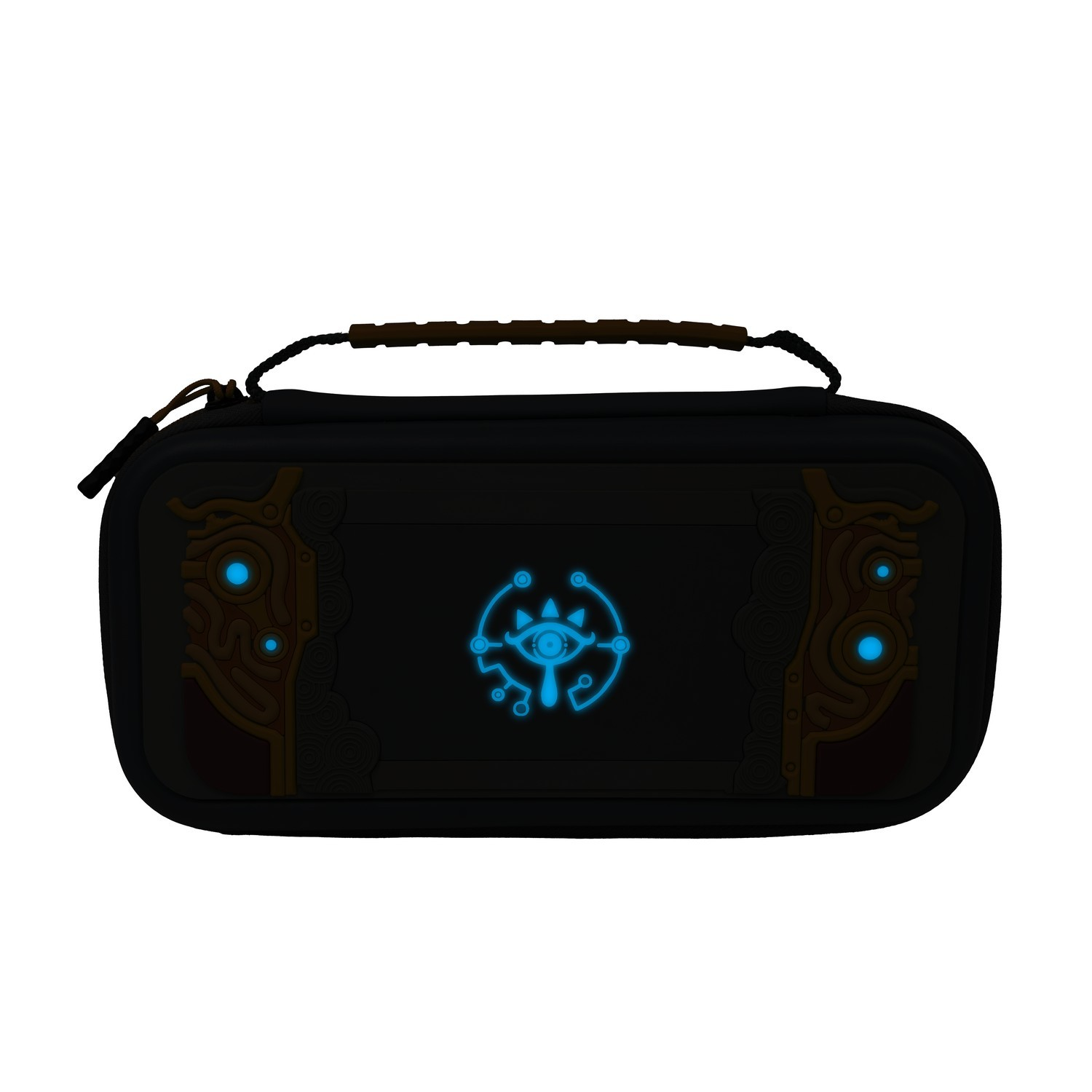 Black Switch case with a glowing eye symbol. The case is closed and has a handle.