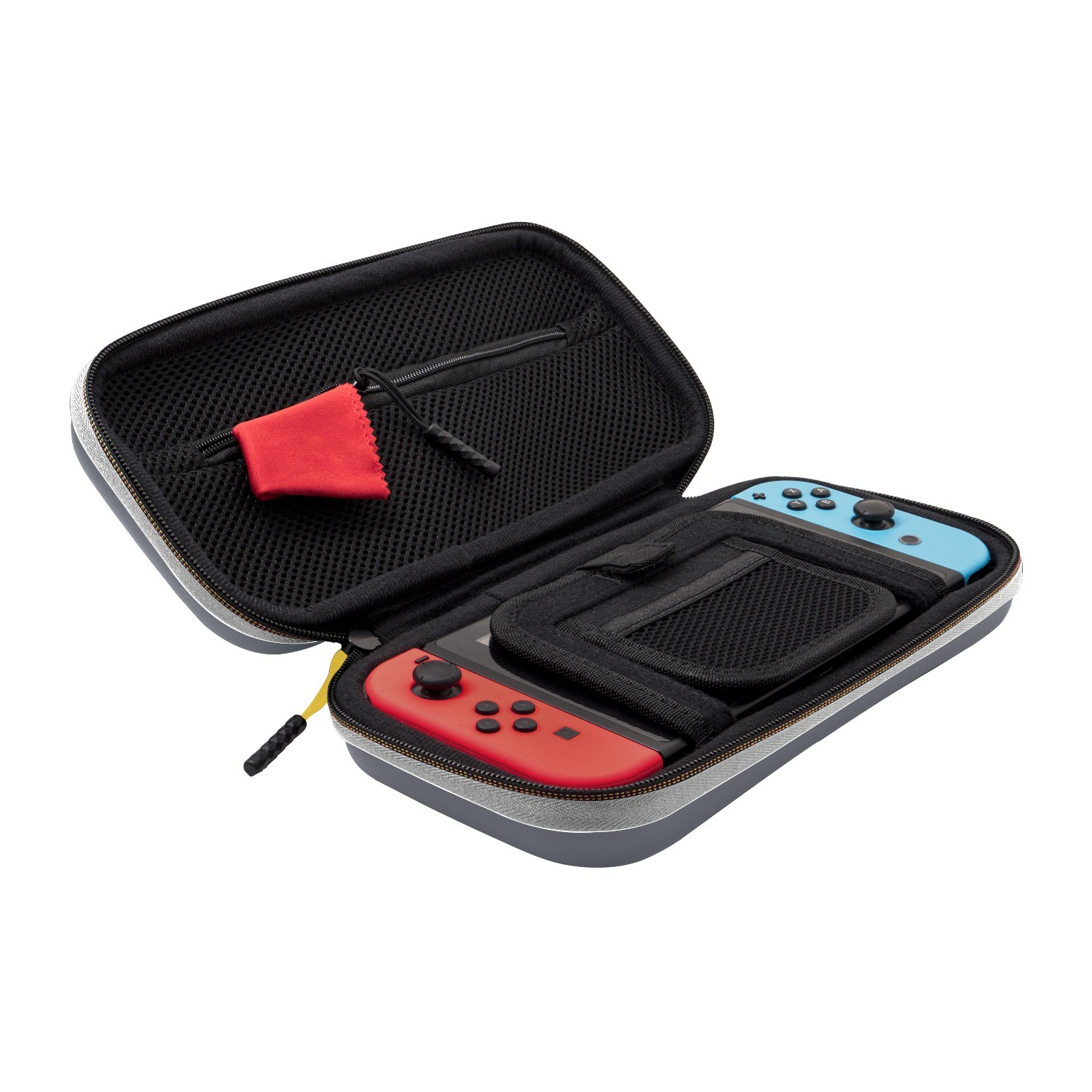 Open Switch case with game controllers. A red and blue game controller with a red cloth.