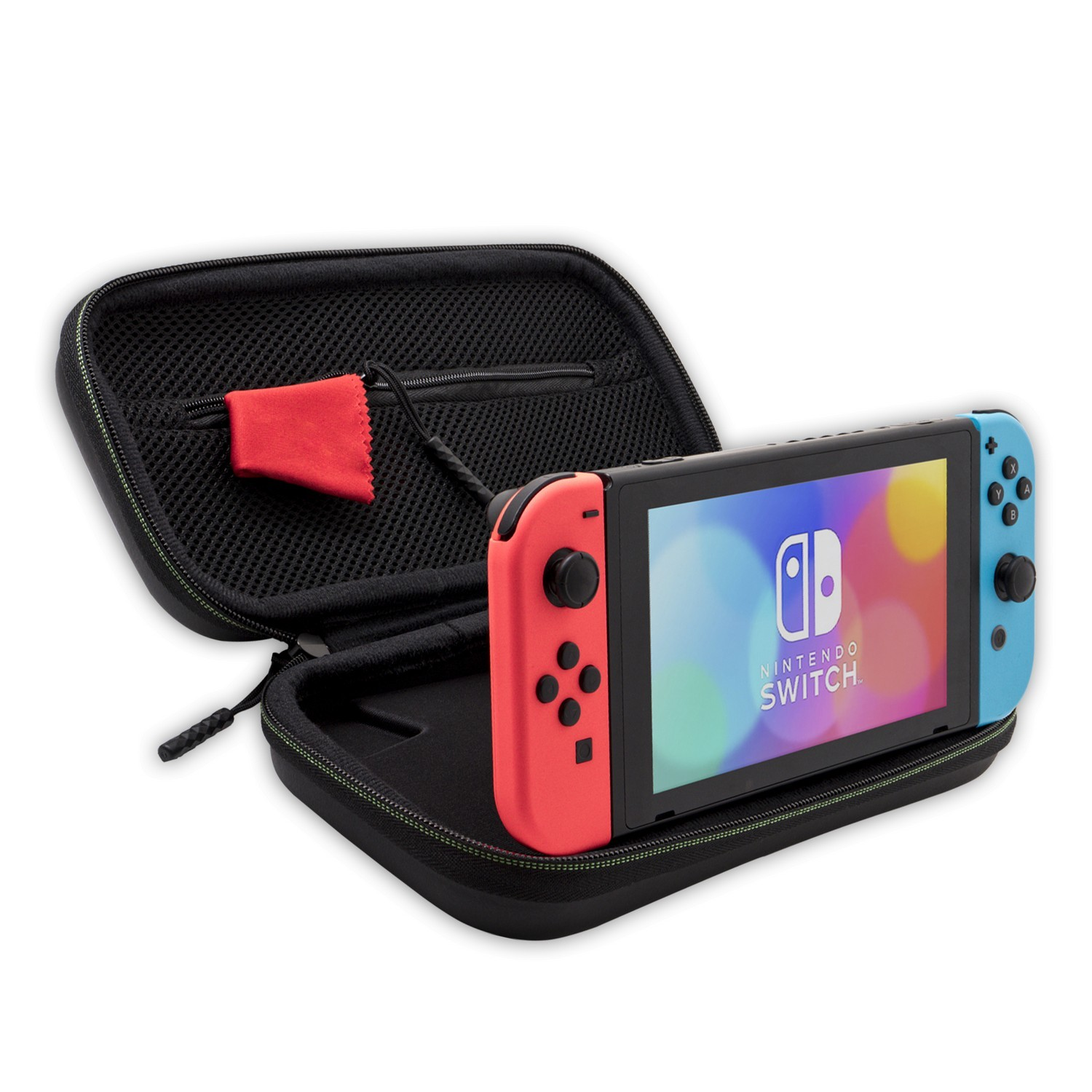 Nintendo Switch with red/blue controllers in an open black carrying case. Red cloth inside.