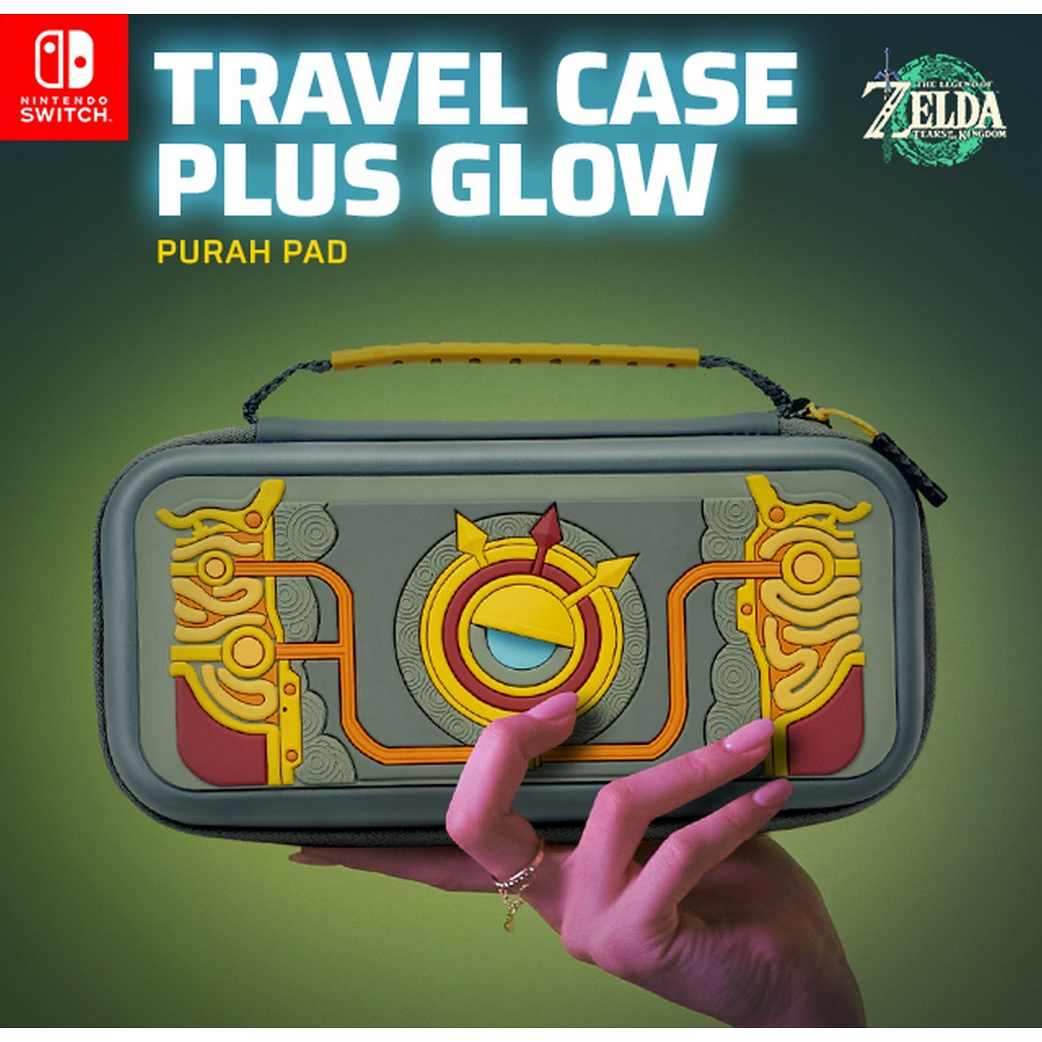 Nintendo Switch travel case with a Zelda design, held by a hand with a ring.