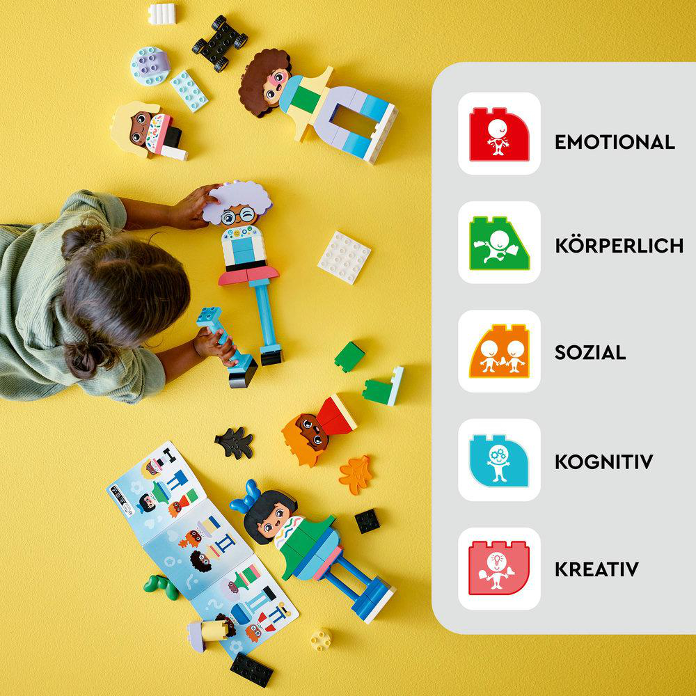 Ein Kind spielt mit Lego Duplo Blöcken, mit Illustrationen, die emotional, körperlich, sozial, kognitiv und kreativ zeigen.