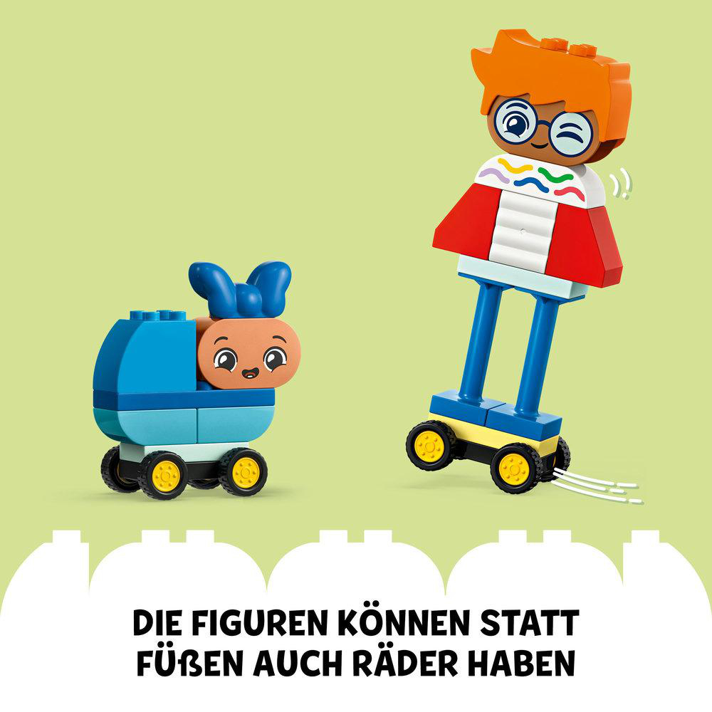 LEGO Duplo Figuren auf Rädern und Beinen. Text: Die Figuren können auch Räder statt Füße haben.