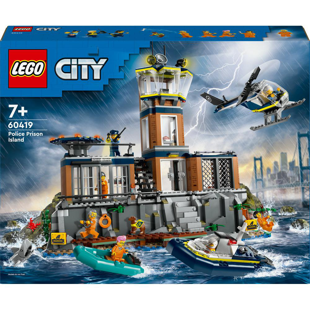 Lego City Police Prison Island Set-Box, mit Gefängnis, Hubschrauber, Booten und Minifiguren.