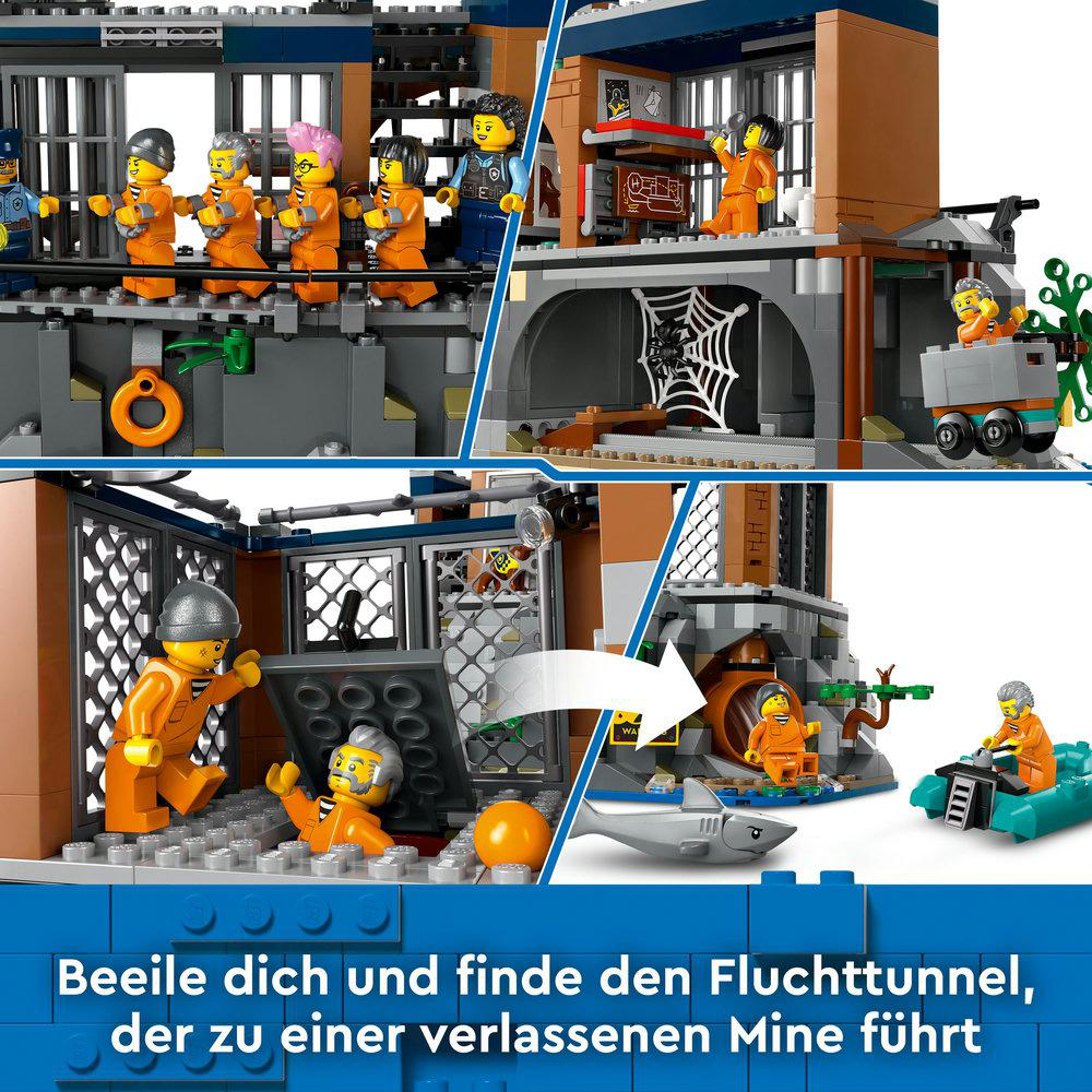 Lego-Gefängnisszene mit Figuren. Zeigt Gefängniszellen, Gefangene und ein Boot.