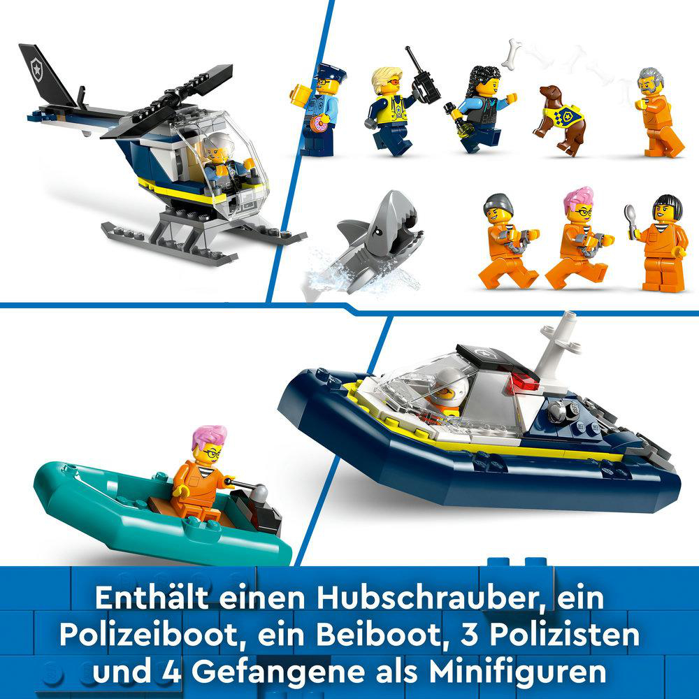 Lego-Set mit Hubschrauber, Boot und Figuren. Blauer und grüner Hintergrund.