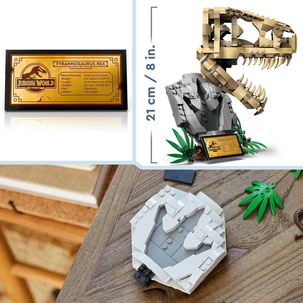 Ein LEGO T-Rex-Schädel, ein Jurassic World-Schild und ein versteinerter Fußabdruck auf Holz.