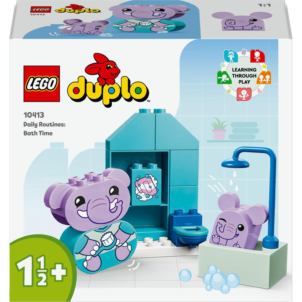 Lego Duplo Set mit einem lila Elefanten in einer Badeszene.