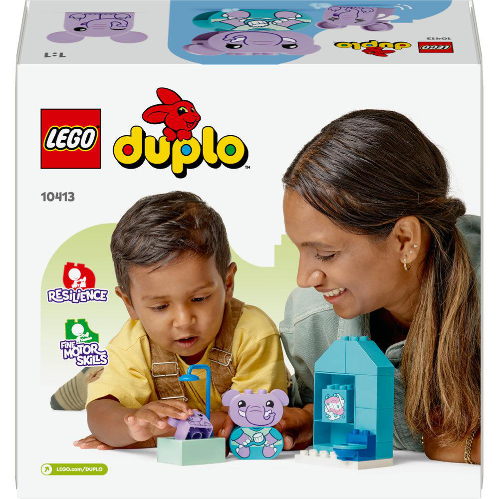 Ein Lego Duplo Set mit einer Mutter und einem Kind, das mit Bausteinen spielt.