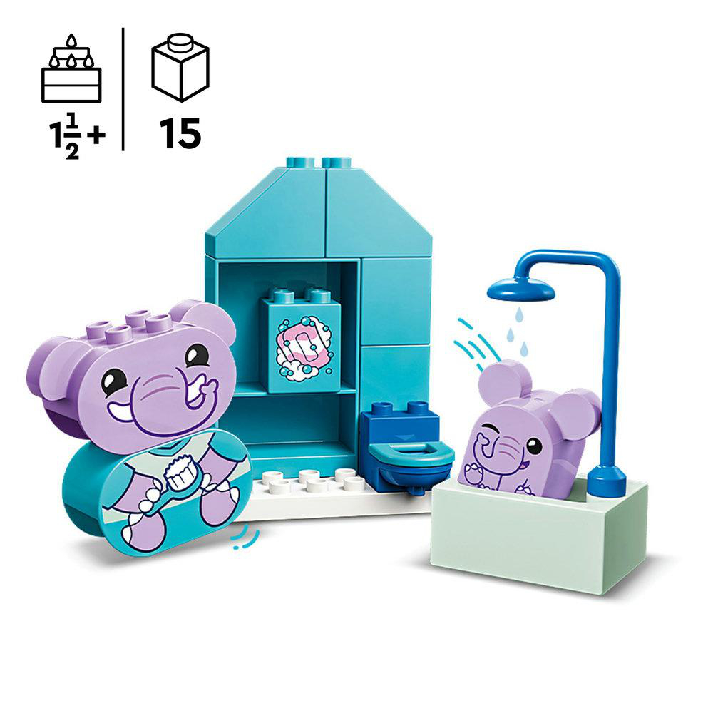 LEGO Duplo Set mit lila Elefantenfiguren. Blaue Badezimmereinstellung mit Dusche sichtbar.