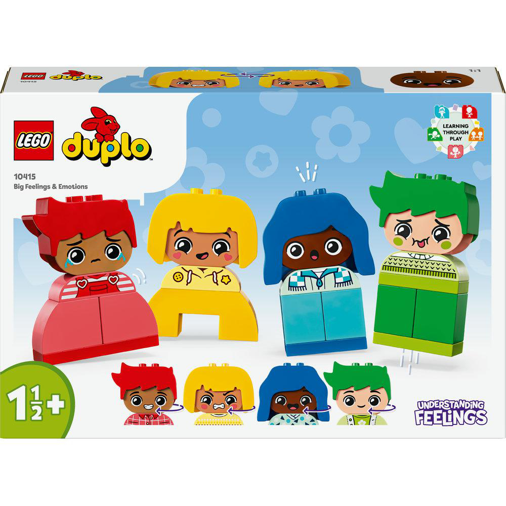 Lego Duplo Box mit vier bunten Figuren. Box zeigt verschiedene Emotionen. Weißer Hintergrund.
