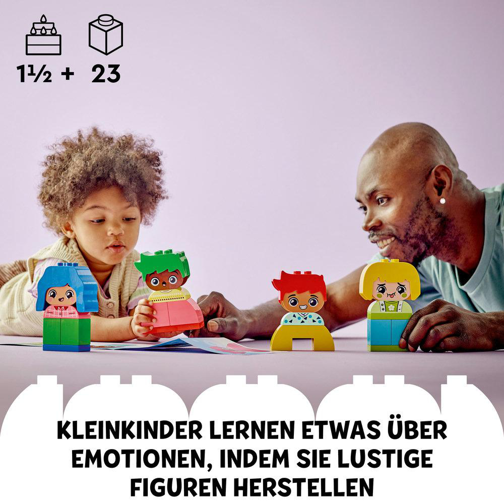 Ein Mann und ein Kind interagieren mit Lego-Figuren. Text: Kleinkinder lernen Emotionen durch lustige Figuren.